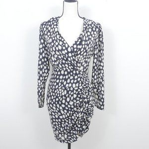 Motivi Black White Spotted Long Sleeve V Neckline Gathered Detail Size 2 Dress